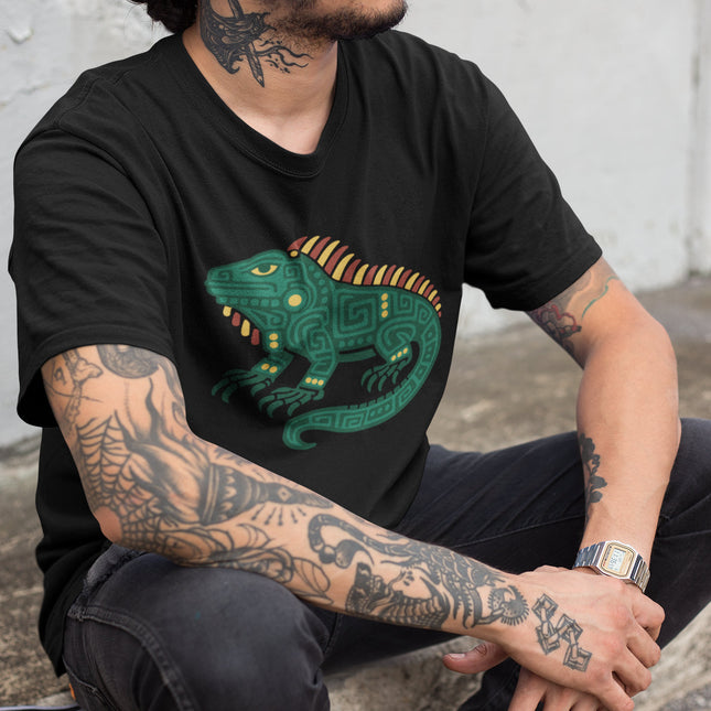 Mayan iguana graphic t-shirt featuring Mesoamerican inspired green animal art.