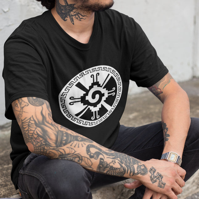 Black geometric spiral graphic t-shirt featuring an abstract black and white print design.