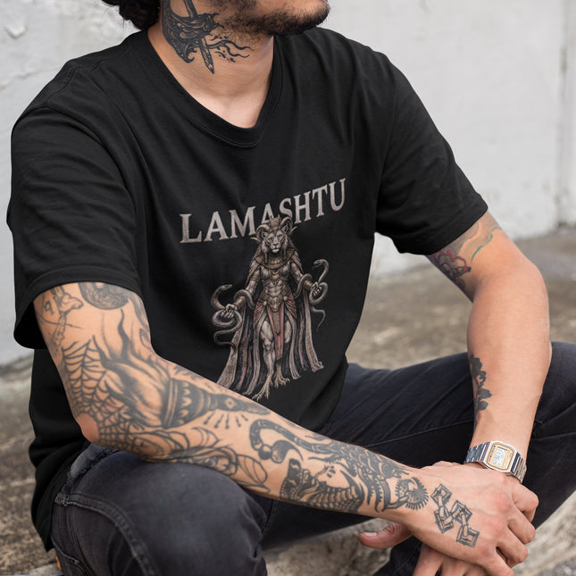 Dark fantasy t-shirt featuring Lamashtu, the Mesopotamian demon artwork.