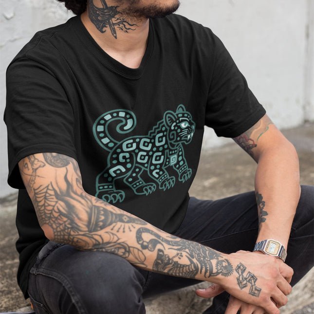 Mayan jaguar graphic tee featuring Mesoamerican turquoise animal art design.