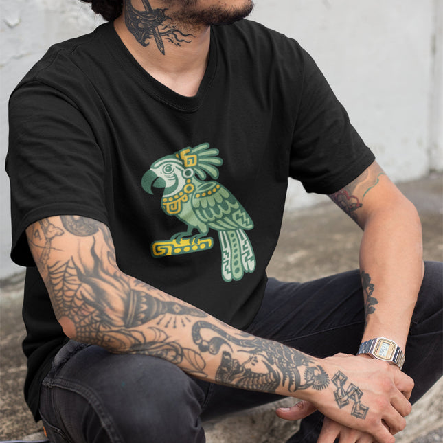 Mayan parrot graphic design, green Mesoamerican inspired bird art for a t-shirt.