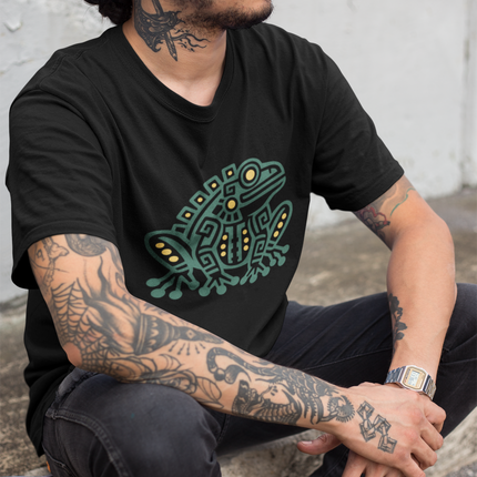 Aztec Frog T-Shirt | Green and Gold Geometric Animal Graphic Tee
