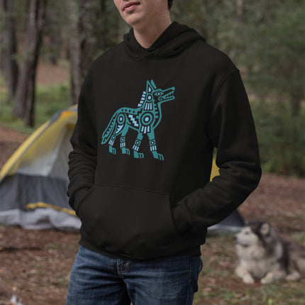 Aztec Coyote Hoodie | Teal and Blue Geometric Canine Graphic