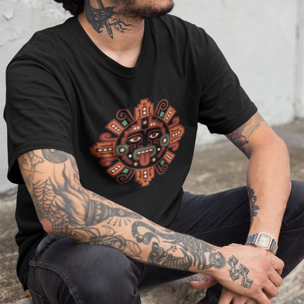 Mayan Sun T-Shirt | Rust and Gold Geometric Face with Rays Tee