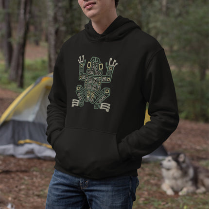 Mayan Frog Hoodie | Green and Cream Geometric Hooded Sweatshirt