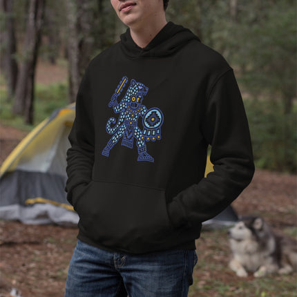Aztec Jaguar Warrior Hoodie | Blue Spotted Figure and Shield