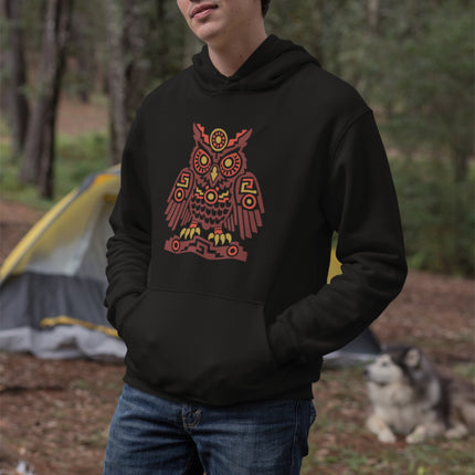 Aztec Owl Hoodie | Red and Gold Geometric Bird on a Perch