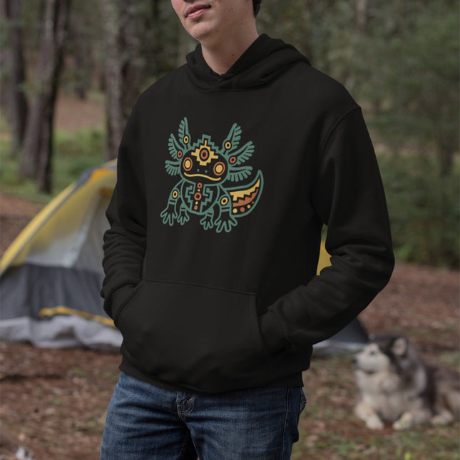 Aztec Axolotl Hoodie | Teal and Gold Geometric Animal Graphic