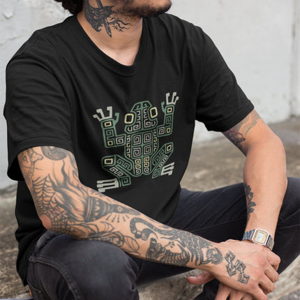 Mayan Frog T-Shirt | Olive and Cream Geometric Amphibian Design Tee