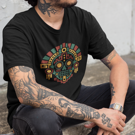 Aztec Skull T-Shirt | Geometric Mesoamerican Headdress Graphic Tee