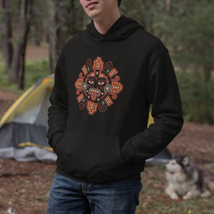 Mesoamerican Sun Hoodie | Mayan Orange Geometric Face Emblem Design