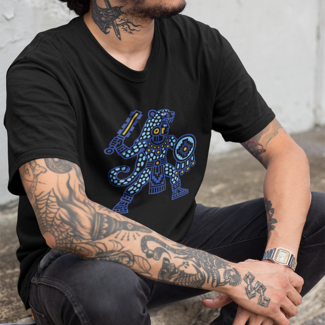Aztec Jaguar Warrior T-Shirt | Blue and Gold Mesoamerican Graphic Tee