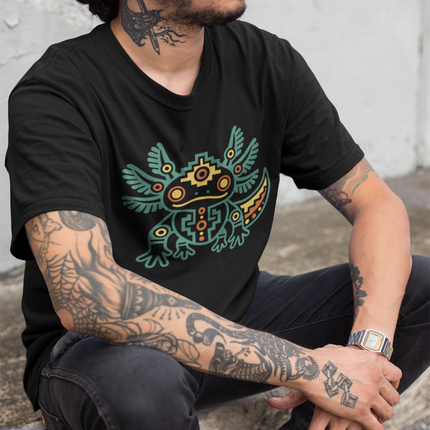 Aztec Axolotl T-Shirt | Teal and Gold Geometric Animal Design Tee