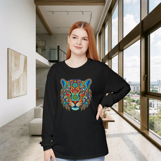 Huichol Jaguar Long Sleeve T-Shirt | Patterned Cat Portrait Tee