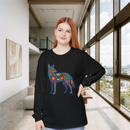 Huichol Coyote Long Sleeve T-Shirt | Multicolor Animal Art Tee