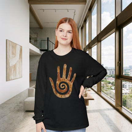 Spiral Healing Hand Long Sleeve T-Shirt | Textured Earth-Tone Motif Tee