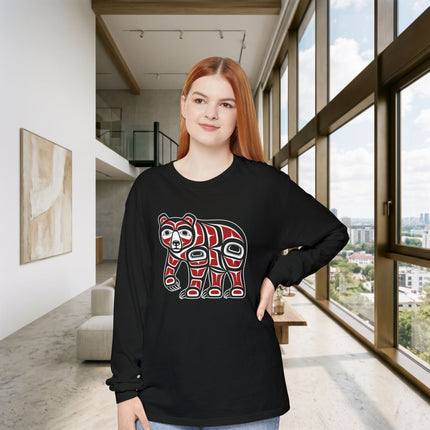 Formline Bear Long Sleeve T-Shirt | Red and White Wildlife Graphic Tee
