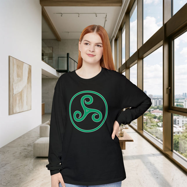 Triskelion Long Sleeve T-Shirt | Green Celtic-Inspired Triple Spiral Tee