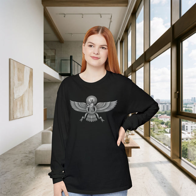 Etched Faravahar Persian symbol graphic on a long sleeve t-shirt.