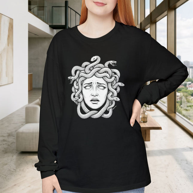 Medusa Gorgon graphic long sleeve t-shirt featuring Greek mythology design.