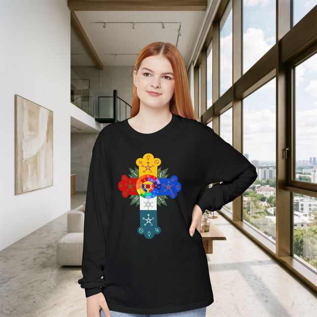 Rosy Cross Long Sleeve T-Shirt | Multicolor Esoteric Symbol Graphic Tee