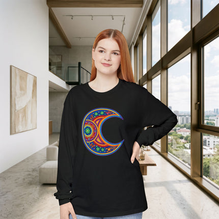 Huichol-Inspired Moon Long Sleeve T-Shirt | Colorful Crescent Art