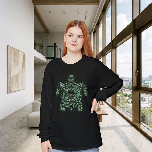 Maya Turtle Long Sleeve T-Shirt | Green Geometric Design Tee