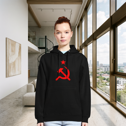 Distressed Red Hammer & Sickle Hoodie | Communist USSR Symbol Pullover Hoodie