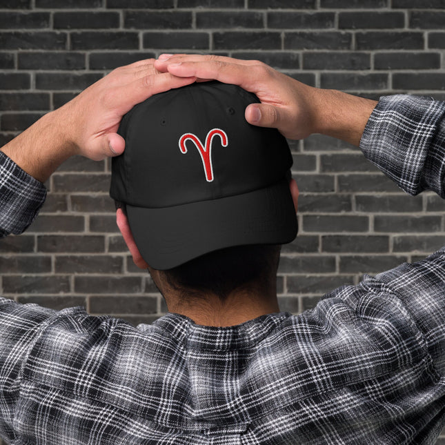 Aries Zodiac Sign Embroidered Baseball Cap | Red Symbol Black Hat