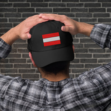 Embroidered Austrian flag baseball cap for displaying country pride.