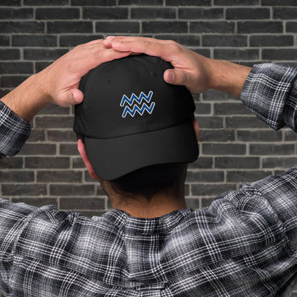 Blue dad cap featuring embroidered Aquarius zodiac constellation symbol.