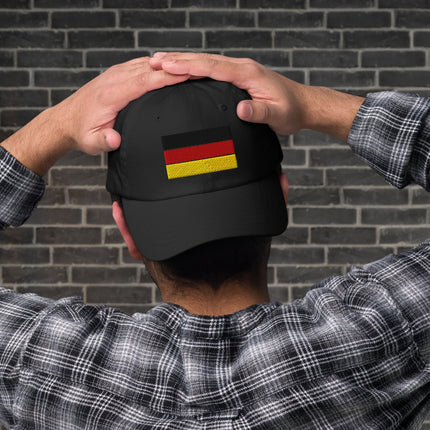 Black, red, gold embroidered German flag baseball cap for national pride.