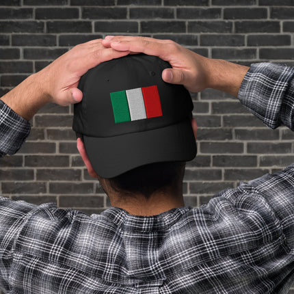 Embroidered Italian flag baseball cap in national green, white, and red colors.