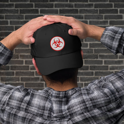 Red Biohazard Symbol Baseball Cap | Embroidered Danger Warning Hat
