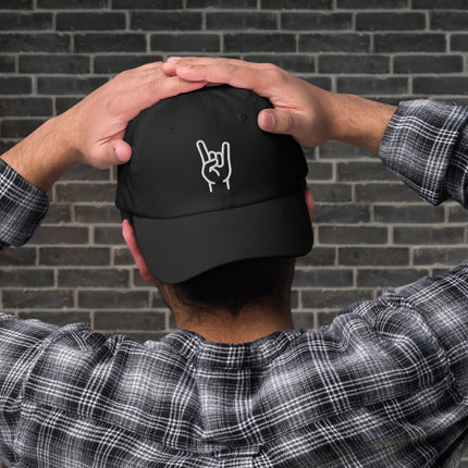 Embroidered baseball cap featuring the sign of the horns rock metal hand gesture design.