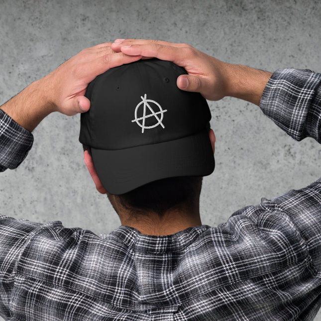 Anarchy symbol embroidered dad hat featuring a circular anarchist 'A' design.