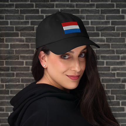 Embroidered Netherlands flag dad hat with "Dutch Pride" text on unstructured baseball cap.