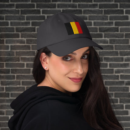 Embroidered Belgian flag baseball cap featuring black, yellow, and red stripes.