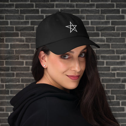 Embroidered pentagram dad hat with witchy symbolism on unstructured cotton cap.