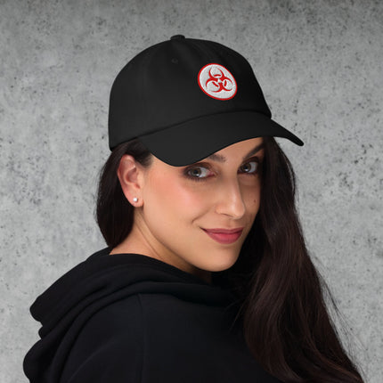 Red Biohazard Symbol Baseball Cap | Embroidered Danger Warning Hat