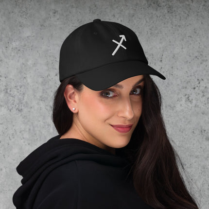 Embroidered Sagittarius zodiac sign baseball cap featuring astrology symbol design.