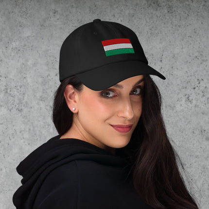 Embroidered Hungarian flag baseball cap featuring red, white, and green stripes for country pride.