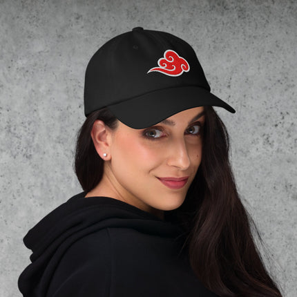 Red dad hat embroidered with traditional Chinese auspicious cloud design.