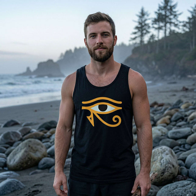 Black tank top featuring the Eye of Horus symbol, representing ancient Egyptian protection and mythology.