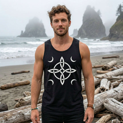 Black tank top with white Celtic knot and moon phase protection symbol.