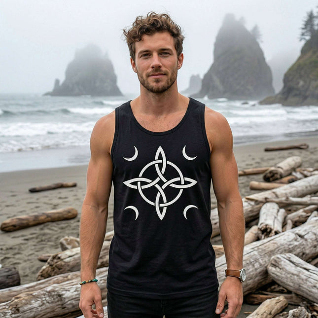 Black tank top with white Celtic knot and moon phase protection symbol.