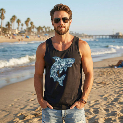 Black men's tank top featuring a tribal Mayan geometric shark graphic print.