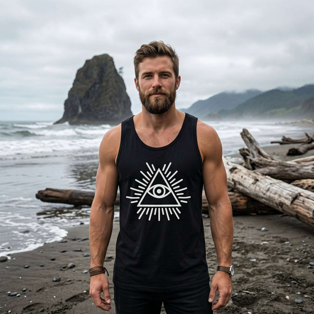 Black tank top featuring the All-Seeing Eye within a geometric pyramid symbol.