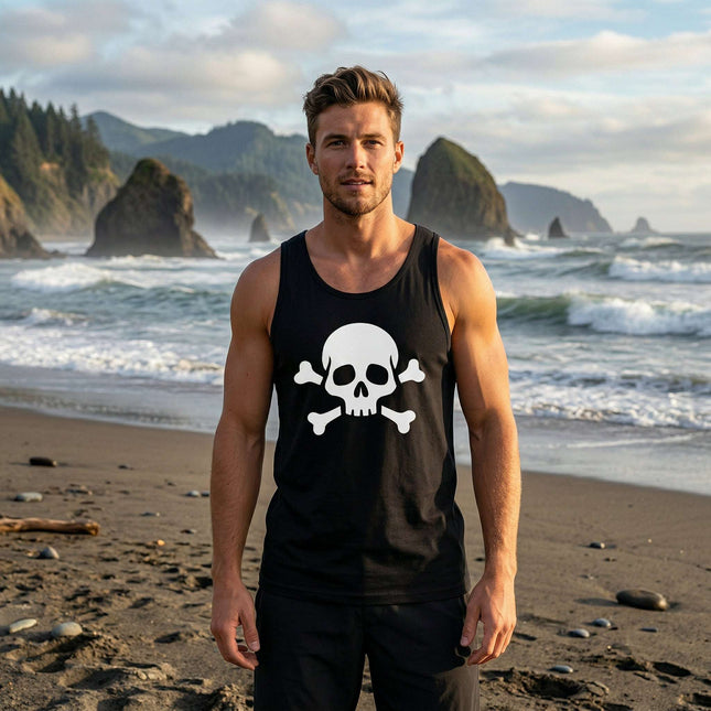 Black tank top featuring a white skull and crossbones pirate graphic. Jolly Roger symbol streetwear shirt.