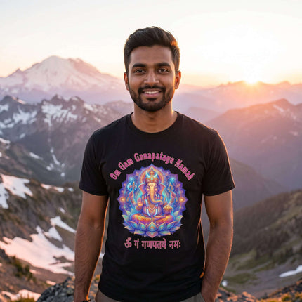 Psychedelic Ganesha mandala t-shirt featuring the Om Gam Ganapataye Namah mantra print.